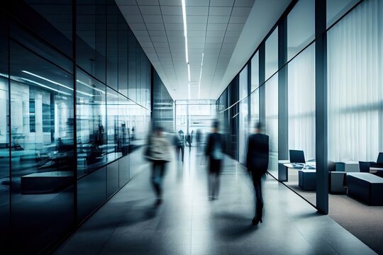 Long exposure shot of modern office lobby with business people. Generative AI