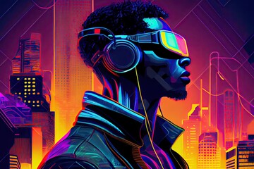 African american man wearing virtual reality headset in futuristic city, neon colors illutration. Generative AI