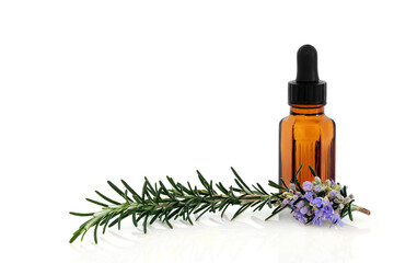Rosemary herb herbal plant medicine and food seasoning with aromatherapy essential oil bottle....