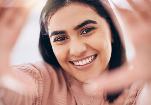 Selfie, hands and portrait of female with smile for positive, optimistic and good confident mindset. Happy, beauty and excited face of young woman from Puerto Rico taking picture for social media.