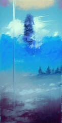 Early morning blue fog, monochromatic landscape painted with rough brush strokes. Generative AI.
