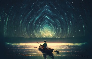 Naklejka na ściany i meble boy rowing a boat in the sea of the starry night with mysterious light, digital art style, illustration painting