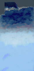 Early morning blue fog, monochromatic landscape painted with rough brush strokes. Generative AI.
