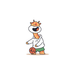 Cute giraffe teeneger playing basketball vector cartoon funny animal character isolated on a white background.