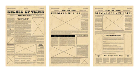 Old news paper template. Newsletter headline. Advertising page. Text edition. Header and article style. Nostalgic fonts. Photo frames. Newspaper sheets design set. Vector design background