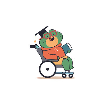 recommend clip art: Cute student frog teeneger in wheelchair vector cartoon funny animal character isolated on a white background.