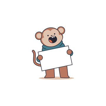 Cute monkey teeneger holding empty banner vector cartoon funny animal character isolated on a white background.