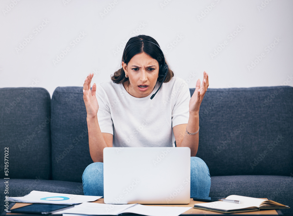 Poster Remote work, call center or confused woman with stress or anxiety frustrated with 404 error or glitch. Fail, crm or worried telemarketing sales agent with confusion after a mistake or laptop problems