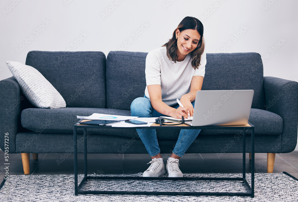 Poster woman, laptop and writing notes on living room sofa in remote work or studying on table at home. fem