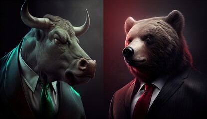 Bull versus bear in suits facing each other, trading on forex concept. Bullish vs bearish trend. Generative AI