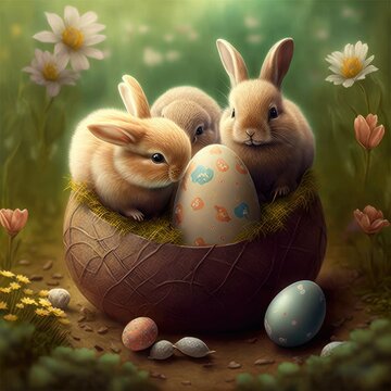cute easter bunnys in a nest