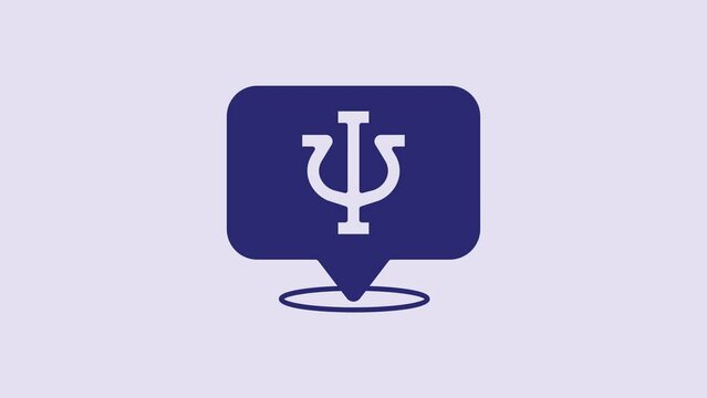 Blue Psychology icon isolated on purple background. Psi symbol. Mental health concept, psychoanalysis analysis and psychotherapy. 4K Video motion graphic animation