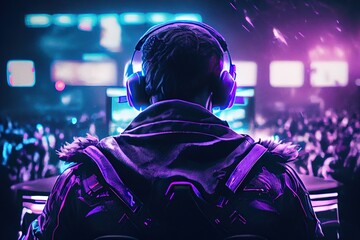 Major esports event, team of professional gamers playing in offline gaming tournament on stadium. Generative AI