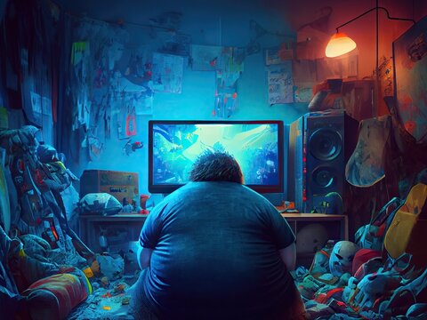 Video Game Addiction. Back View Of Obese Man Sitting On Floor With Trash And Mess In The Room, Playing Video Games Online. Generative AI