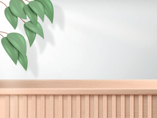 3d podium, nature background, empty cosmetic display. Beauty wood product stand, minimal wooden floor, plant leaf, presentation. Museum exhibition pedestal. Vector realistic illustration