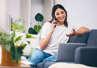 Woman, phone call and laptop on sofa for idea with smile in conversation or discussion at home....
