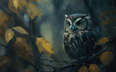 An owl sits on a branch at night close-up, rain, leaves, trees, oil painting, fog. Generative AI.