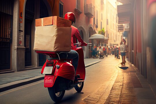 Delivery man on scooter driving on the street of city. Food delivery app. Generative AI