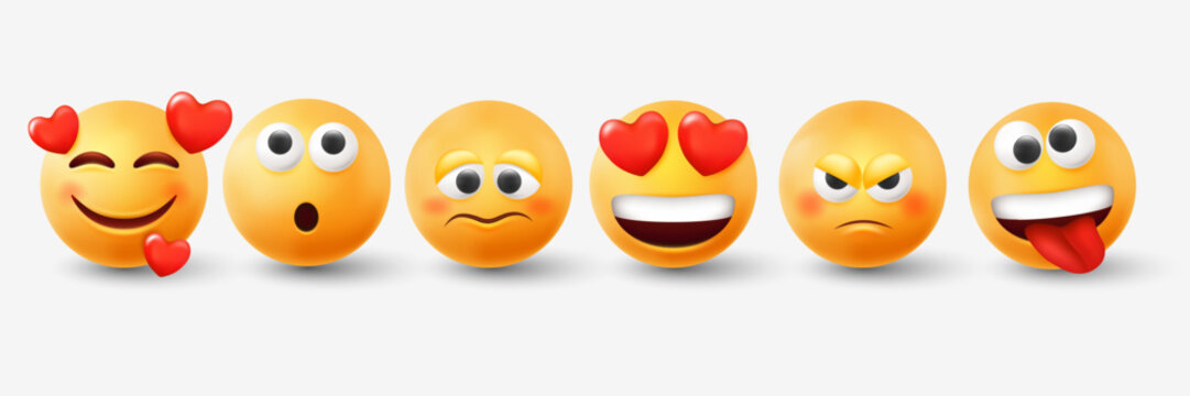 3d emoticon, expression emoji, yellow round funny smiles. Romantic and surprise balls with eyes and mouth, joy heart render, happy smiling faces, good mood. Vector illustration isolated objects