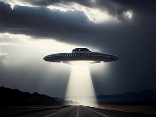 Naklejka na ściany i meble Alien invasion, UFO flying in the sky, concept of evidence and sighting. Generative AI
