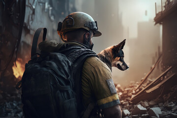 Volunteer firefighter and trained dog working rescuing people and saving lives in a city affected by an earthquake. Solidarity and humanitarian aid concept against natural disasters. Ai generated art
