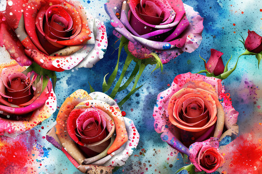 Watercolors roses flowers background, abstract flowers made from whatercolor paint splashes, 3d illustration impressionism style. Generative AI.