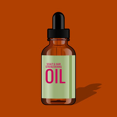 Essential oil glass bottle vector illustration in trendy 3d realistic design style. Scalp and Hair Strengthening Oil With Biotin and Essential Oils. Editable graphic resources for many purposes.