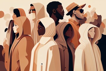 Flat minimalist illustration of group of diverse people. Beige and brown color palette. Generative AI - obrazy, fototapety, plakaty