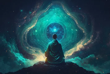 Foto op Canvas Buddha meditating in the universe, monk contemplating a beautiful cosmos. Buddhism, spirituality . Illustration, generative AI.  © Caphira Lescante