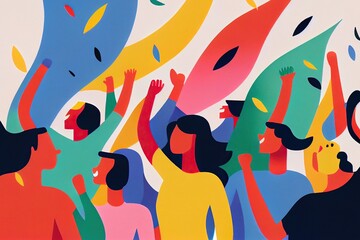 Minimalist art illustration of people celebrating victory, raising fists with excitement. Generative AI - obrazy, fototapety, plakaty
