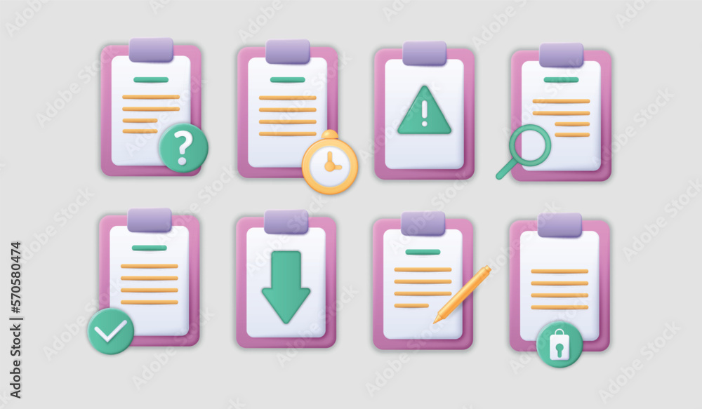 Poster Documents clipboard 3d icons. Update or add error. Computer lock script for refresh. Paper pages with plus or upload symbols. Isolated file pictograms set. Vector realistic illustration