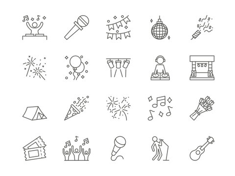 Music event. Concert icons. Festival entertainment. Singer on party. Tent and microphone. Musician performance. DJ disco. Confetti cracker. Fireworks symbols. Vector line pictograms set
