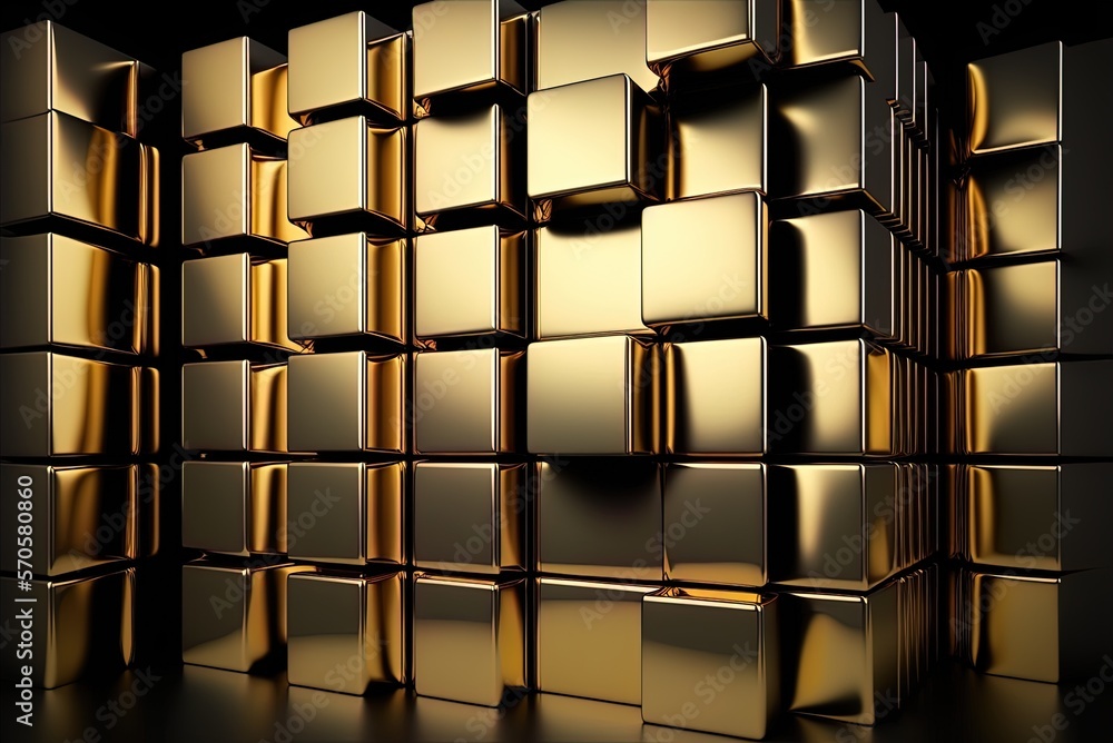 Poster a glossy, square object building a wall out of mosaic tiles. a block backdrop made of polished gold 