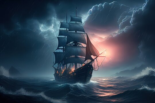 Old sailing ship with white sails in ocean in the storm. Generative AI