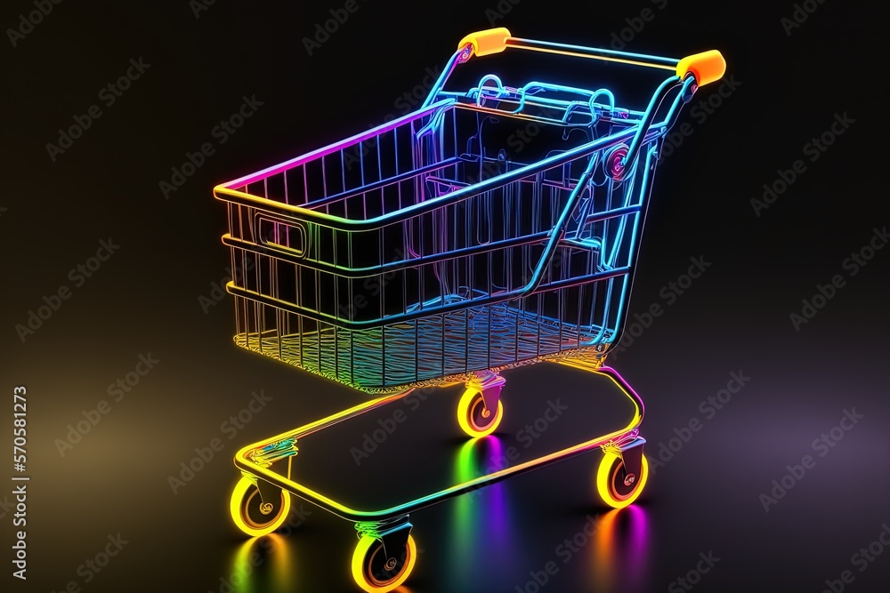Poster a shopping cart lit up in neon on a black backdrop, with reflections and copy space. generative ai