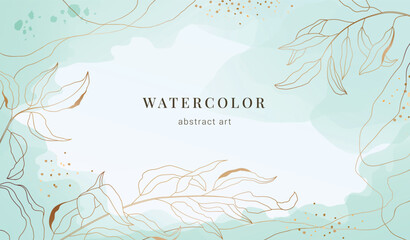 Fototapeta na wymiar Gold watercolor flower background. Sketch with floral and golden texture for luxury romantic wedding decor. Botanical poster, web banner and invitation card. Vector boho elegant design