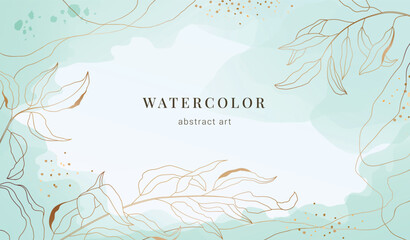 Gold watercolor flower background. Sketch with floral and golden texture for luxury romantic wedding decor. Botanical poster, web banner and invitation card. Vector boho elegant design