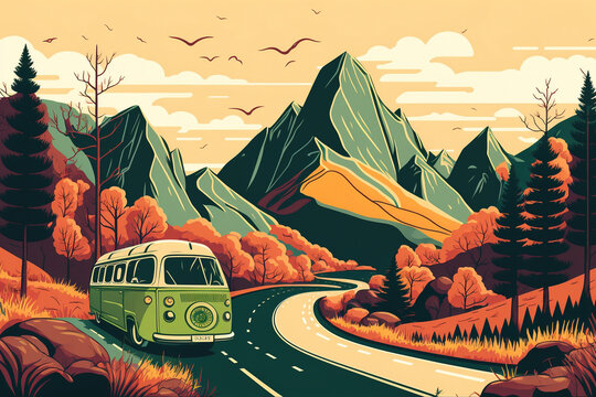 Camping Van in den Alpen - Straße mit Wohnmobil - Kunst Illustration Generative AI