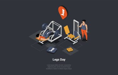 Concept Of Sports Activity, Bodybuilding And And Physical Exercises. Characters Are Making Excercises On Apparatus On Legs Muscles. Fitness Workout In Gym. Isometric 3d Cartoon Vector Illustration