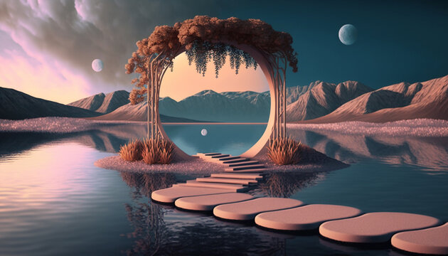 Surreal and Photo Realistic Pastel Landscapes of Dream-like settings with lakes and portal-like gazebos and arbors. Strange Worlds, Other Planets, A Collection of High Quality Landscape Illustrations