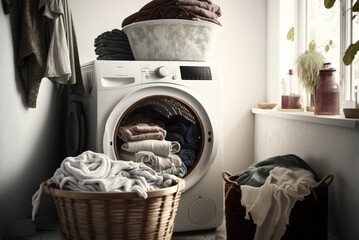 Fototapeta na wymiar Modern interior of home laundry room with modern washing machine, ai generative.