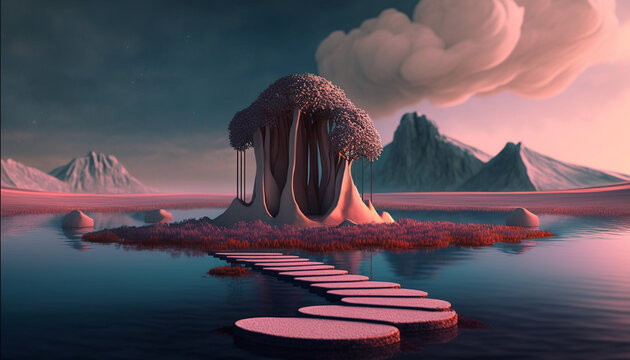 Surreal and Photo Realistic Pastel Landscapes of Dream-like settings with lakes and portal-like gazebos and arbors. Strange Worlds, Other Planets, A Collection of High Quality Landscape Illustrations