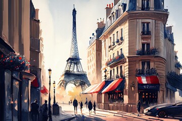Watercolor painting of Paris street with Eiffel Tower on background. Generative AI