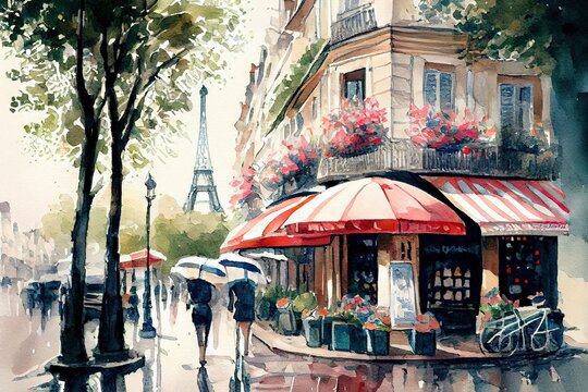 Watercolor painting of Paris street with Eiffel Tower on background. Generative AI
