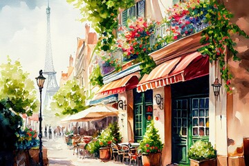 Fototapeta na wymiar Watercolor painting of Paris street with Eiffel Tower on background. Generative AI