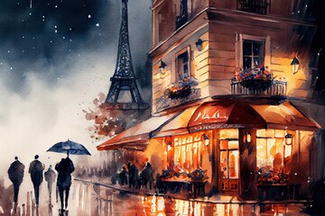 Watercolor painting of Paris street with Eiffel Tower on background. Generative AI