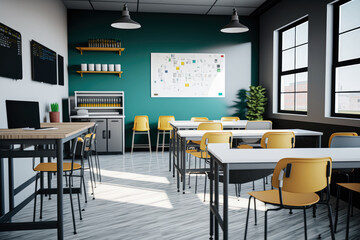 A modern classroom with tables and chairs, interior design - Generative AI