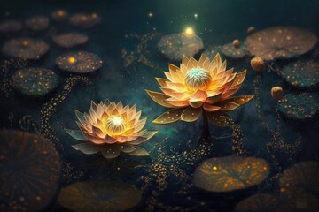Magische Lotusblumen in einer fantasievollen Umgebung, generative KI - obrazy, fototapety, plakaty