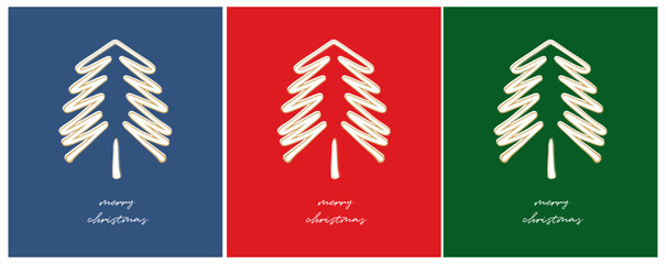 Merry Christmas Vector Card. White and Gold Christmas Tree Isolated on a Red, Blue and Green Background. Christmas Illustration in 3 Different Colors. Tree Made of Hand Drawn Lines.Modern Xmas Cards.