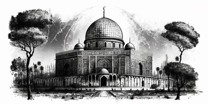 Hand-drawn black and white sketch Al Aqsa Mosque. Generative AI